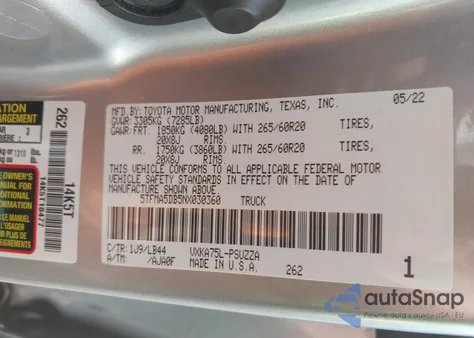 2022 Toyota Tundra 1794 Edition из США, поврежденный, VIN 5TFMA5DB5NX030360